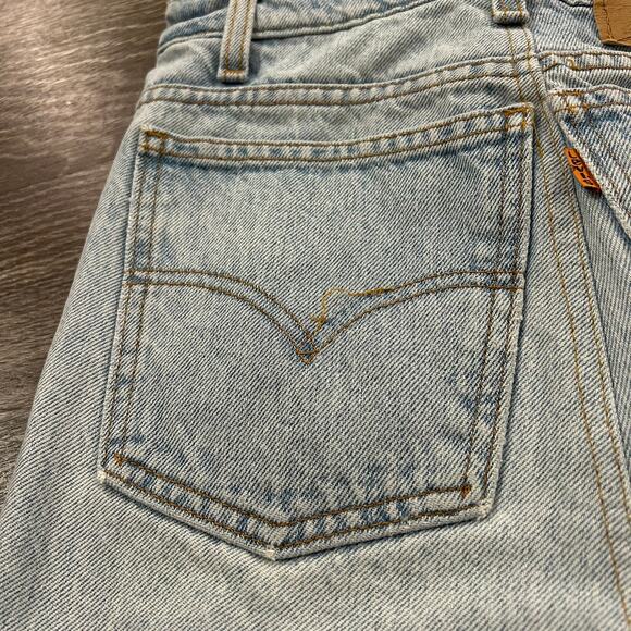 Vintage Levi’s 550 Reworked Denim Skirt Orange Tab Distressed Raw Hem Light Wash - Picture 14 of 15